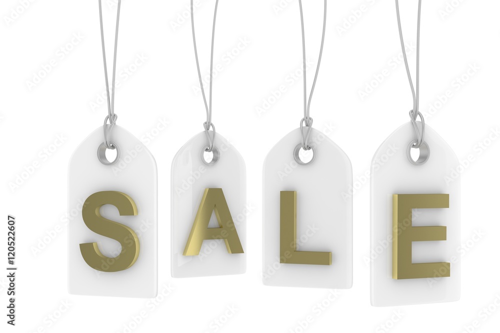 Colorful isolated sale labels on white background. Price tags. Special offer and promotion. Store discount. Shopping time. Golden letters on white labels. 3D rendering.