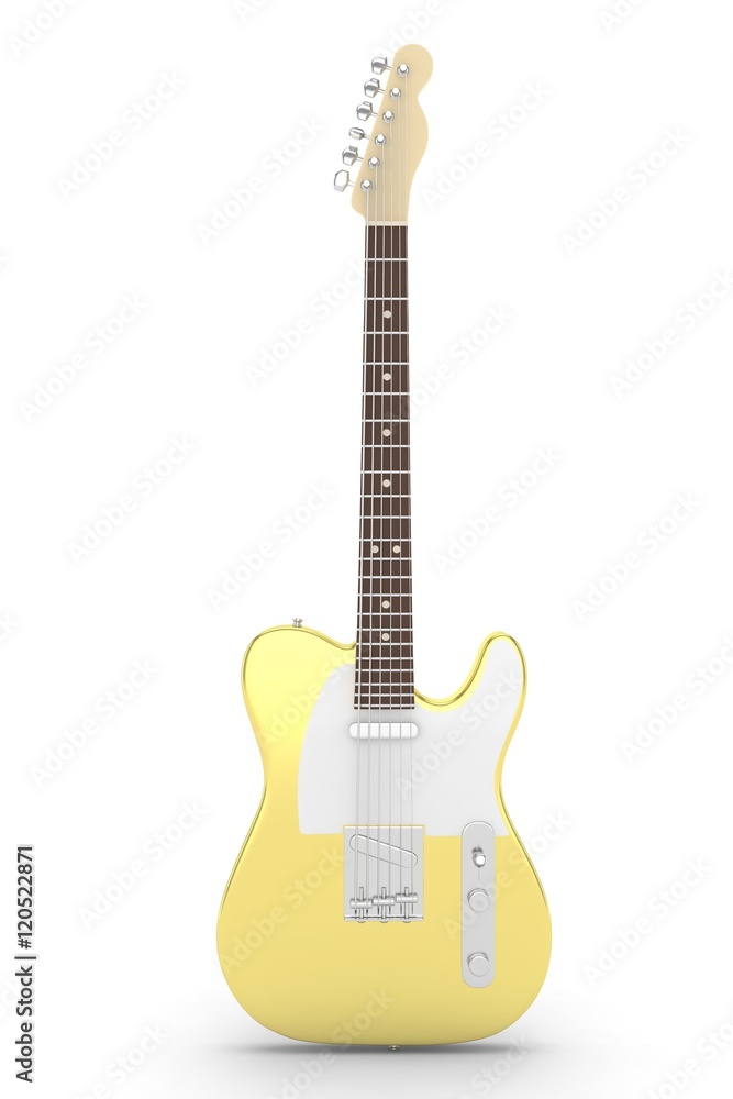 Naklejka premium Isolated golden electric guitar on white background. Musical instrument for rock, blues, metal songs. 3D rendering.