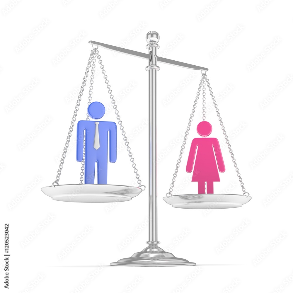 Isolated old fashioned pan scale with man and woman on white background. Gender inequality. Equality of sexes. Law issues. Colorful model. 3D rendering. Isolated old fashioned pan scale with man and woman on white background. Gender inequality. Equality of sexes. Law issues. Colorful model. 3D rendering.