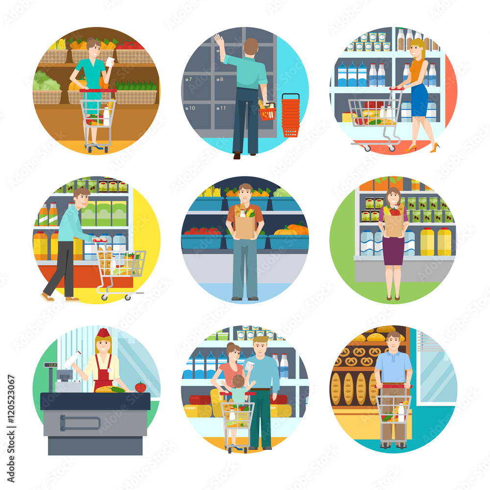 Fototapeta premium People In Supermarket Icons