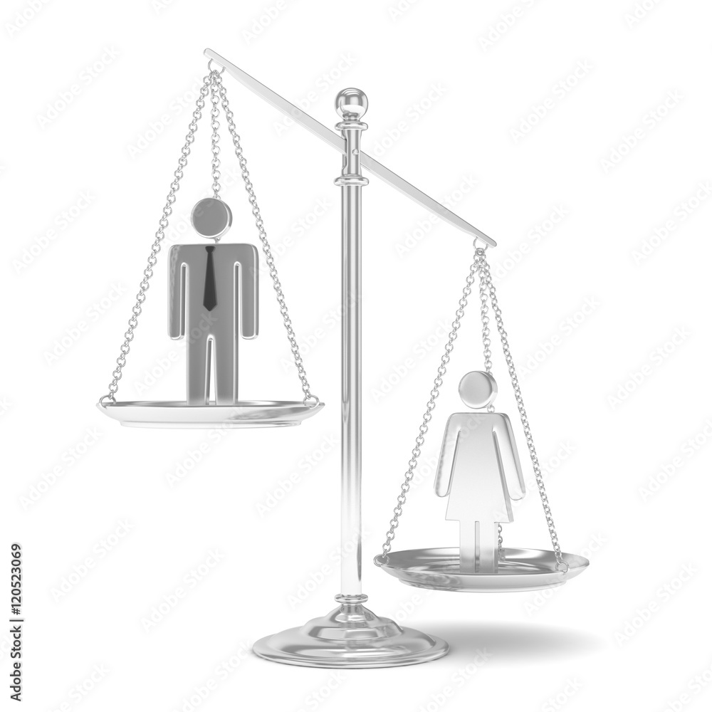 Isolated old fashioned pan scale with man and woman on white background. Gender inequality. Equality of sexes. Law issues. Silver model. 3D rendering. Isolated old fashioned pan scale with man and woman on white background. Gender inequality. Equality of sexes. Law issues. Silver model. 3D rendering.