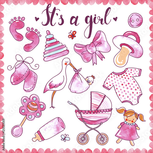 Newborn Girl Hand Drawn Elements Set