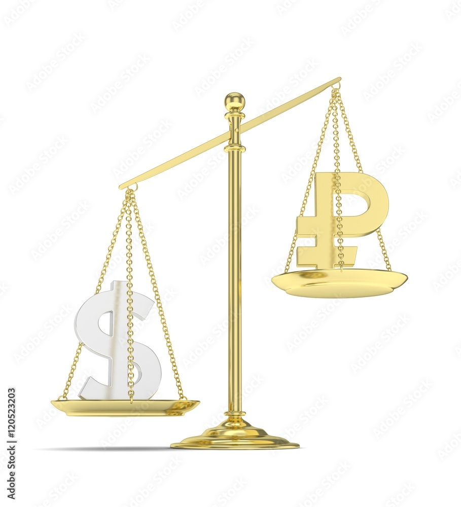 Isolated old fashioned pan scale with dollar and ruble on white background. American and russian currency. Dollar is heavier. Silver usd, golden rouble. 3D rendering. Isolated old fashioned pan scale with dollar and ruble on white background. American and russian currency. Dollar is heavier. Silver usd, golden rouble. 3D rendering.