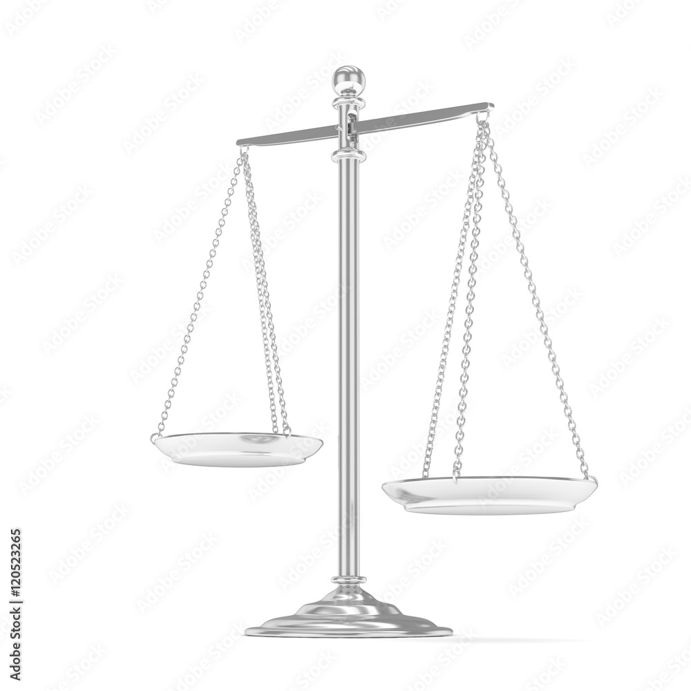 Isolated white silver scales on white background. Symbol of judgement. Law, measurement, liberty in one concept. 3D rendering. Isolated white silver scales on white background. Symbol of judgement. Law, measurement, liberty in one concept. 3D rendering.