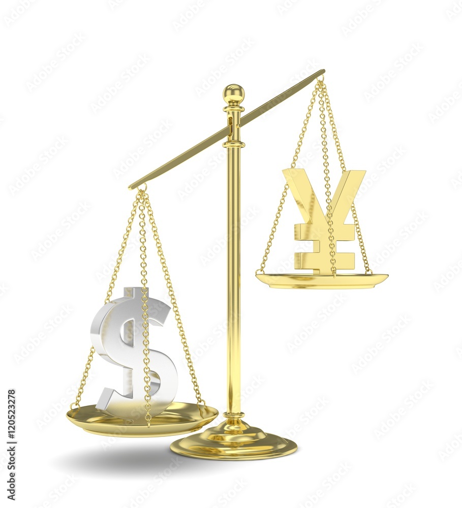 Isolated old fashioned pan scale with dollar and yuan,yen on white background. American and chinese and japanese currency. Dollar is heavier. Silver usd, golden yuan. 3D rendering. Isolated old fashioned pan scale with dollar and yuan,yen on white background. American and chinese and japanese currency. Dollar is heavier. Silver usd, golden yuan. 3D rendering.
