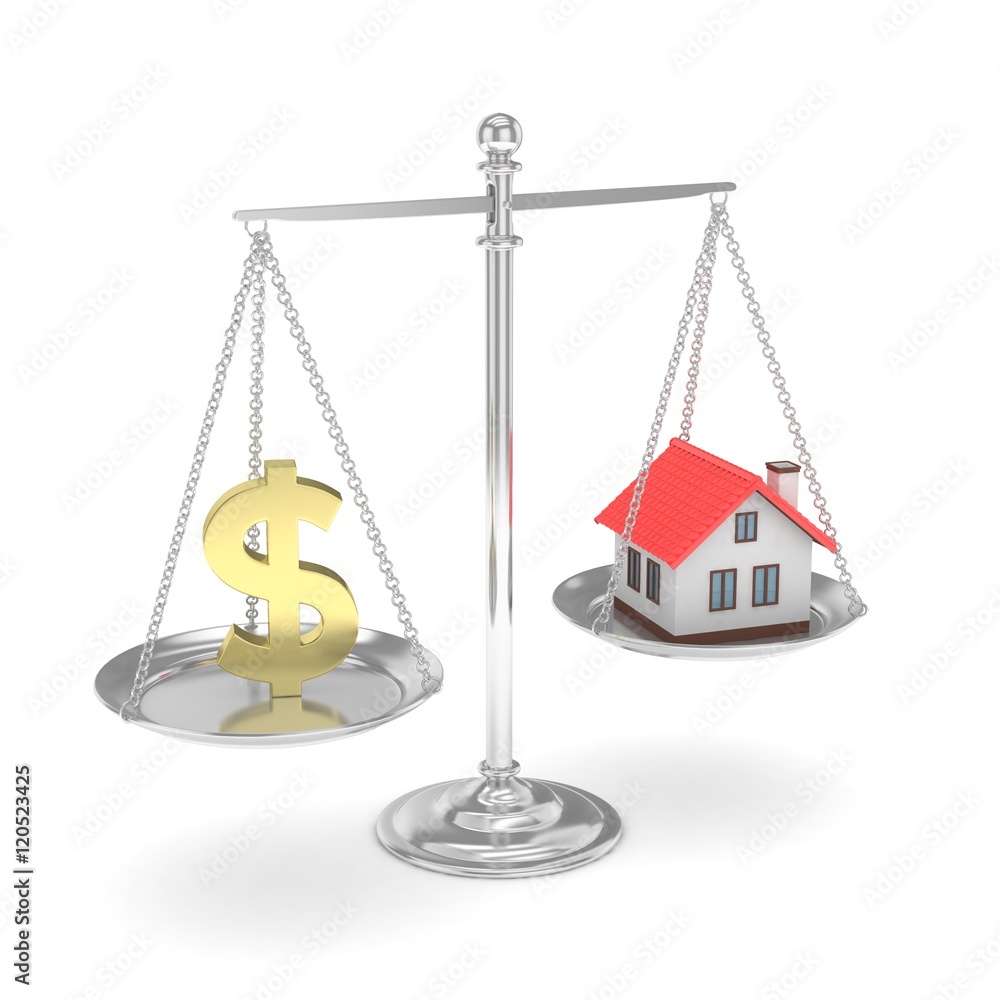 Isolated silver scales with golden dollar and house on white background. Investment or savings concept. Real estate and currency. 3D rendering. Isolated silver scales with golden dollar and house on white background. Investment or savings concept. Real estate and currency. 3D rendering.