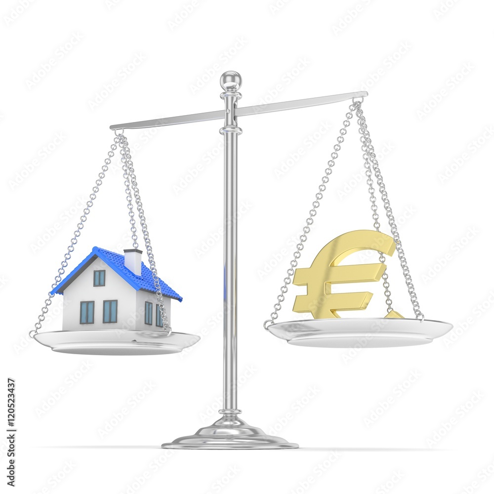 Isolated silver scales with golden euro and house on white background. Investment or savings concept. Real estate and currency. 3D rendering. Isolated silver scales with golden euro and house on white background. Investment or savings concept. Real estate and currency. 3D rendering.