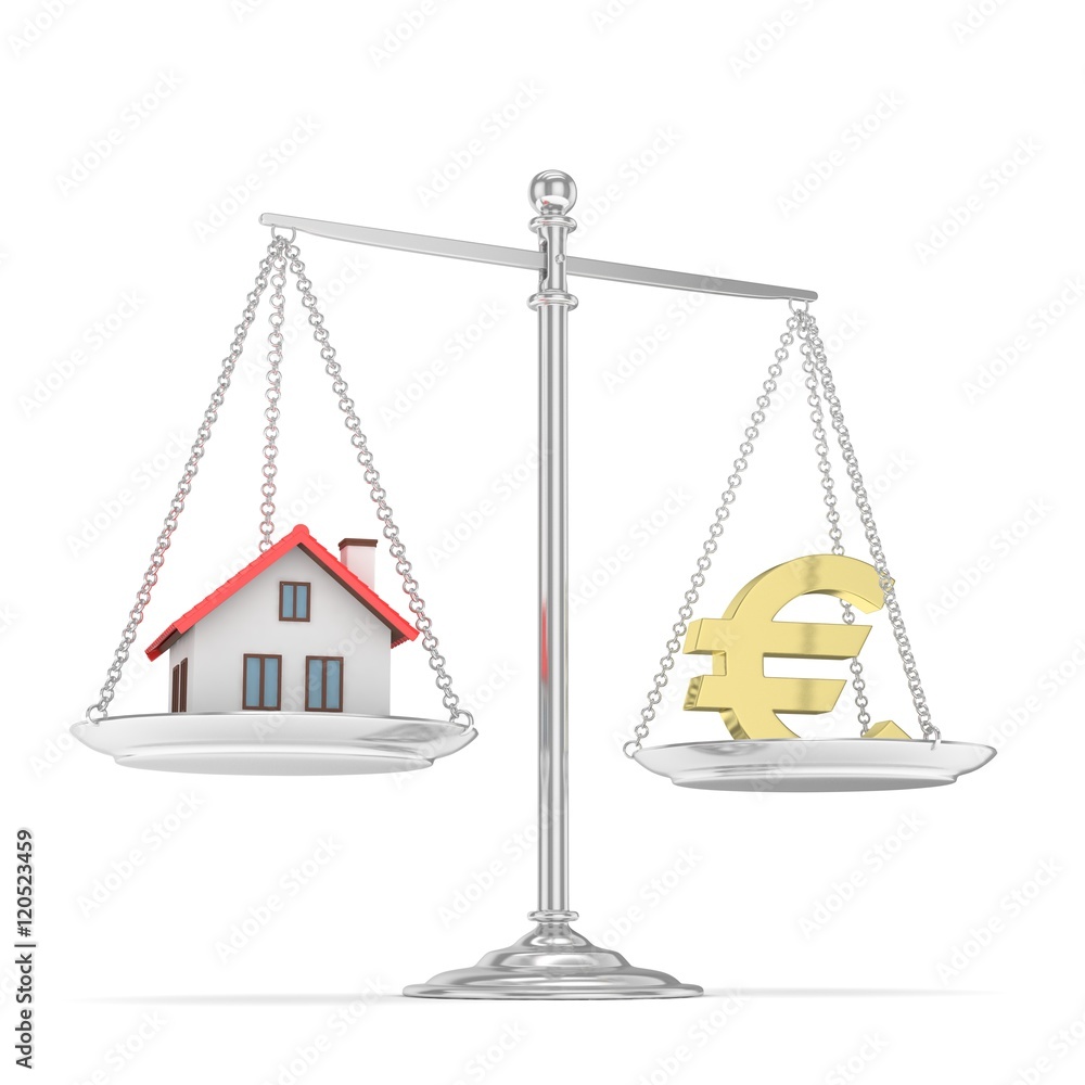 Isolated silver scales with golden euro and house on white background. Investment or savings concept. Real estate and currency. 3D rendering. Isolated silver scales with golden euro and house on white background. Investment or savings concept. Real estate and currency. 3D rendering.