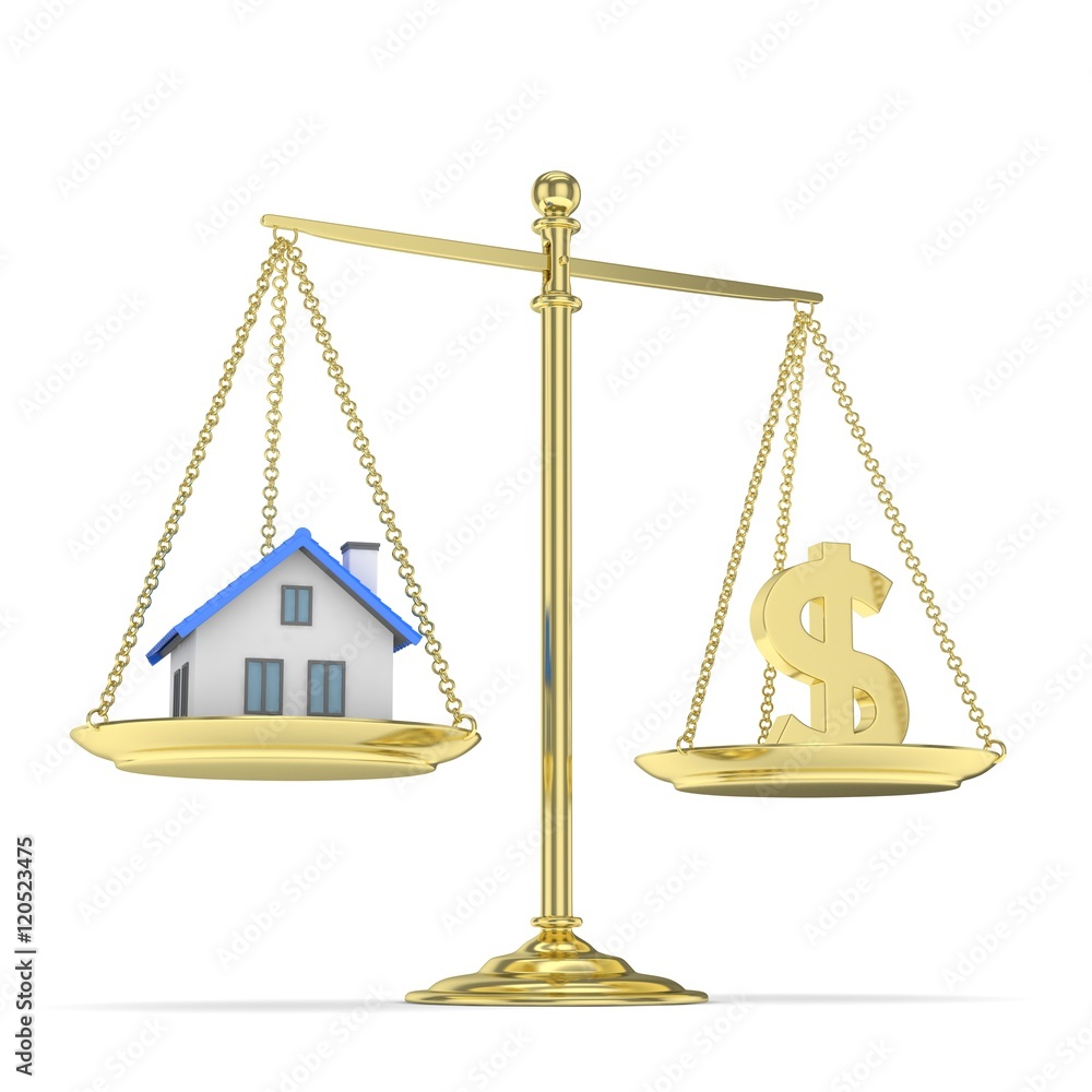 Isolated golden scales with golden dollar and house on white background. Investment or savings concept. Real estate and currency. 3D rendering. Isolated golden scales with golden dollar and house on white background. Investment or savings concept. Real estate and currency. 3D rendering.