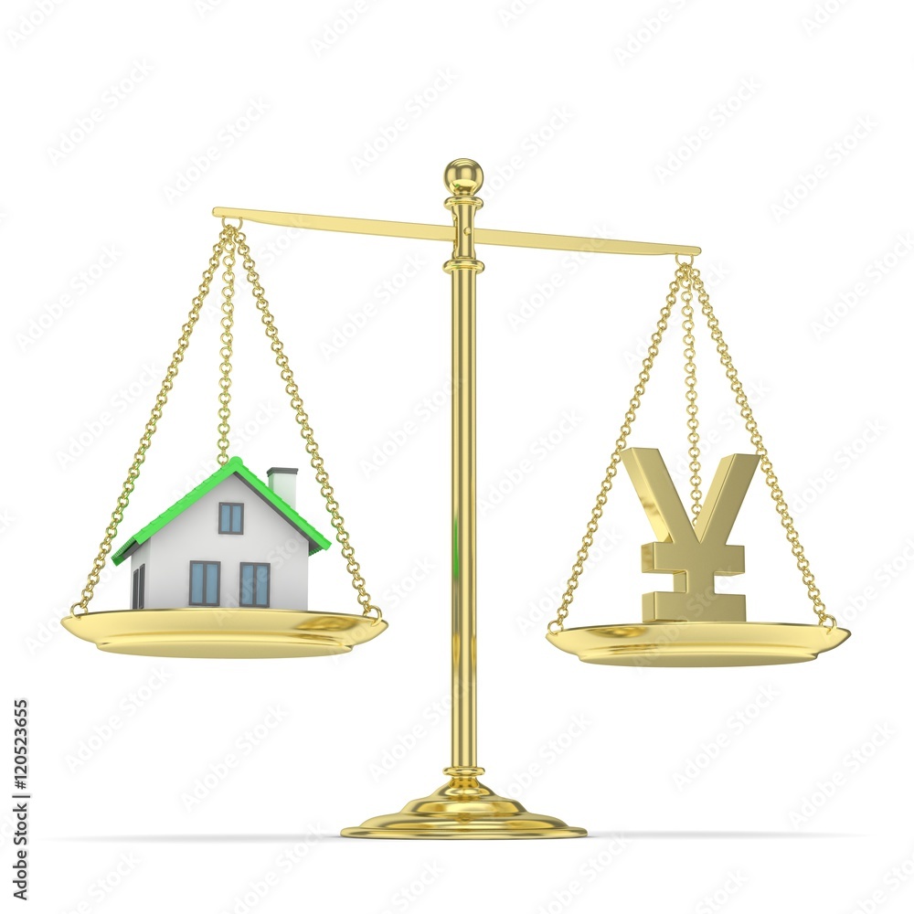 Isolated golden scales with golden yuan and house on white background. Investment or savings concept. Real estate and currency. 3D rendering. Isolated golden scales with golden yuan and house on white background. Investment or savings concept. Real estate and currency. 3D rendering.