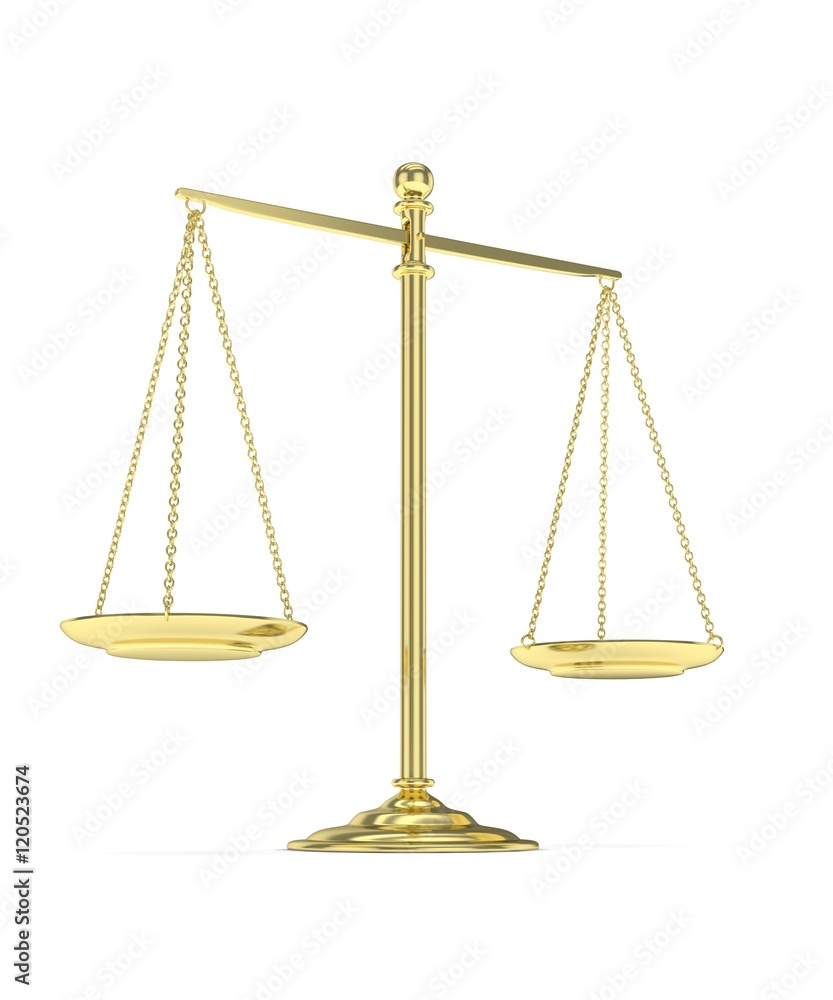 Isolated golden scales on white background. Symbol of judgement. Law, measurement, liberty in one concept. 3D rendering. Isolated golden scales on white background. Symbol of judgement. Law, measurement, liberty in one concept. 3D rendering.