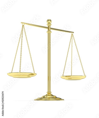 Isolated golden scales on white background. Symbol of judgement. Law, measurement, liberty in one concept. 3D rendering.