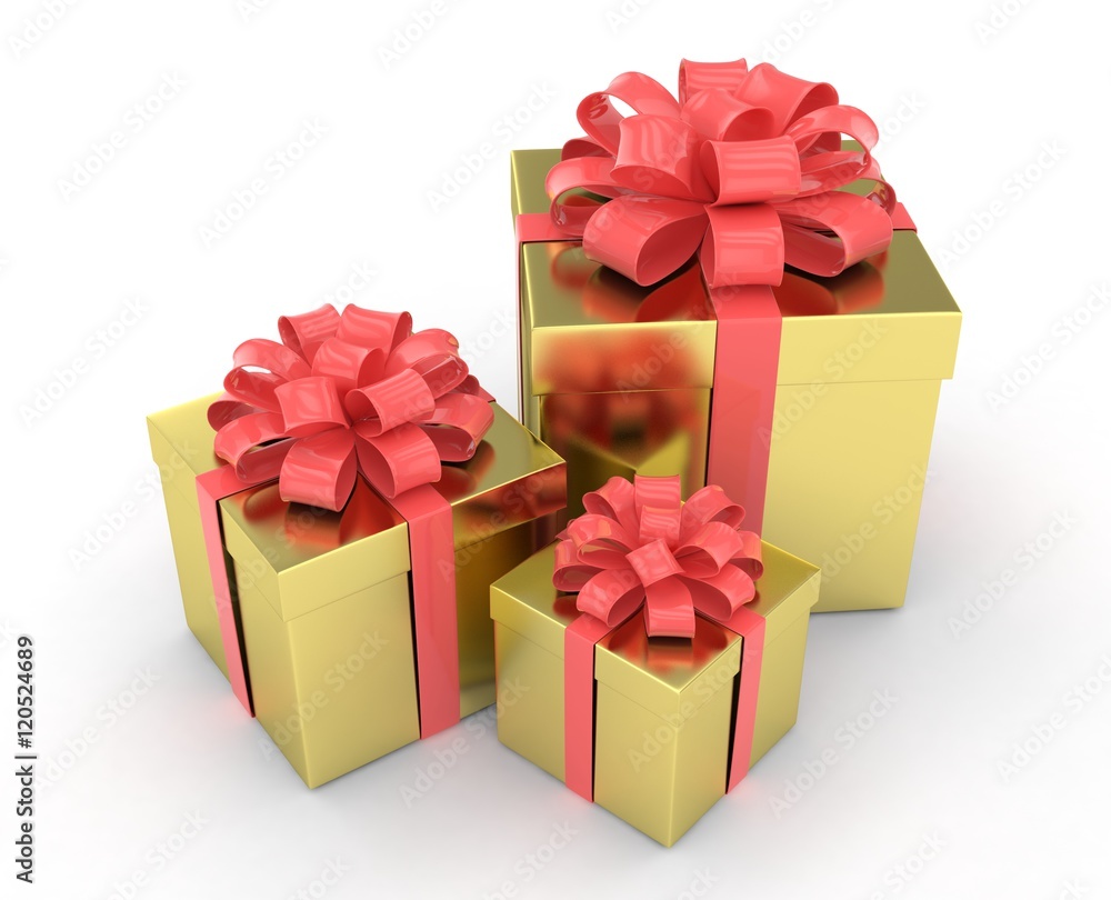 Fototapeta premium three gift boxes with bows isolated on white. 3d rendering.