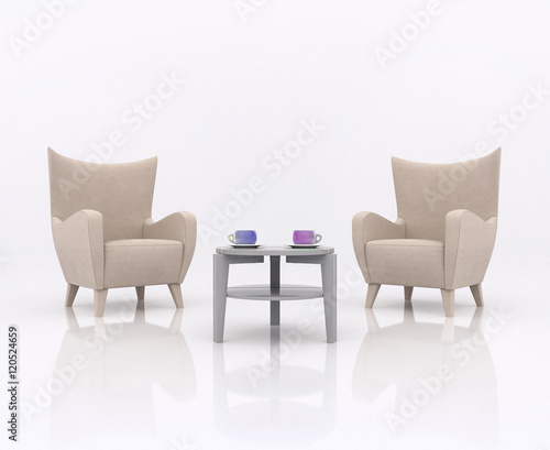 Two armchairs facing each other on opposite between the tea table with two cup in different colors, in white abstract scene with a reflective floor. Business concept partnership, 3d rendering