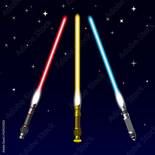 Three light swords set on the background of cosmic sky, fantasy vector illustration.