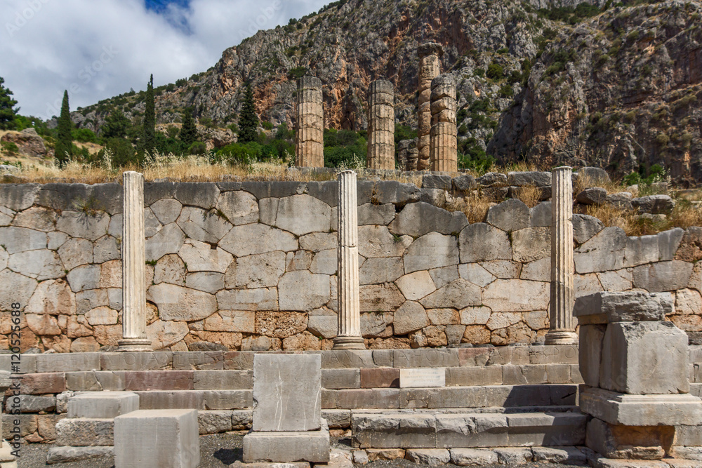 Columns in in Ancient Greek archaeological site of Delphi, Central Greece