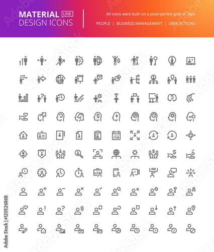 Material design people icons set. Thin line pixel perfect icons of business management, user action, social media. Premium quality icons for website and app design.
