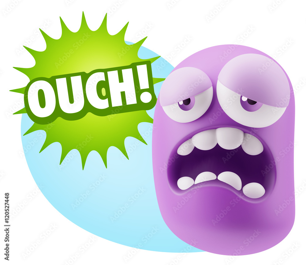 3d Rendering Sad Character Emoticon Expression saying Ouch! with