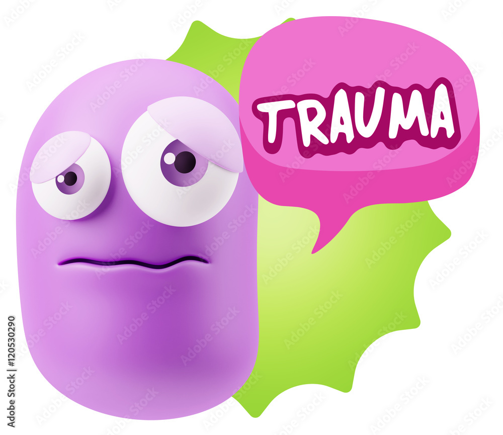 3d Rendering Sad Character Emoticon Expression saying Trauma wit