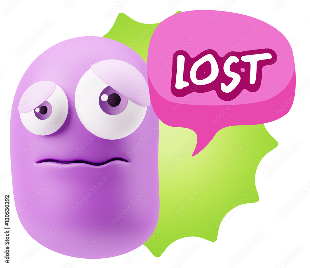 3d Rendering Sad Character Emoticon Expression saying Lost with