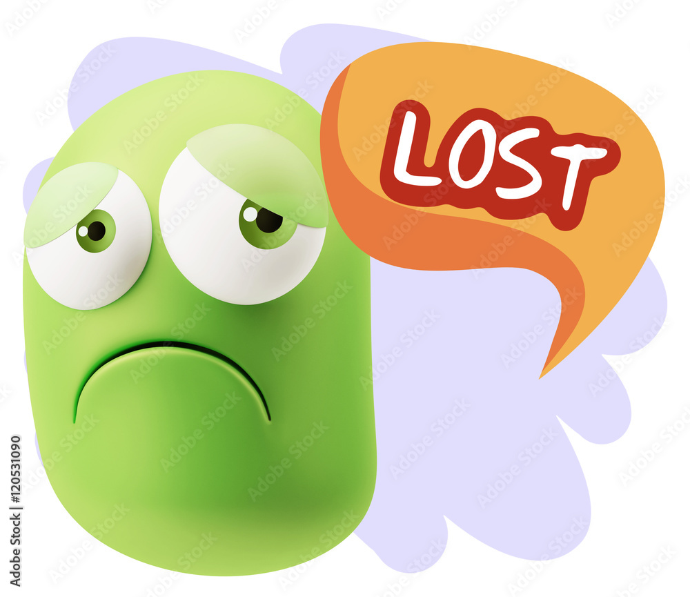 3d Rendering Sad Character Emoticon Expression saying Lost with 3d Rendering Sad Character Emoticon Expression saying Lost with