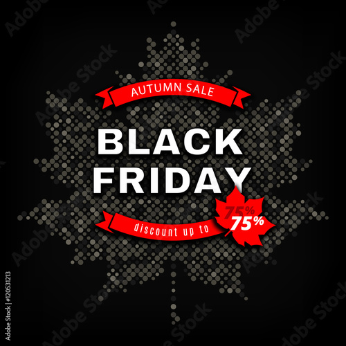 Black Friday Autumn Sale design template. White red discount label, Fall Sale banner on a black background maple leaf. All elements are isolated and editable, Vector illustration