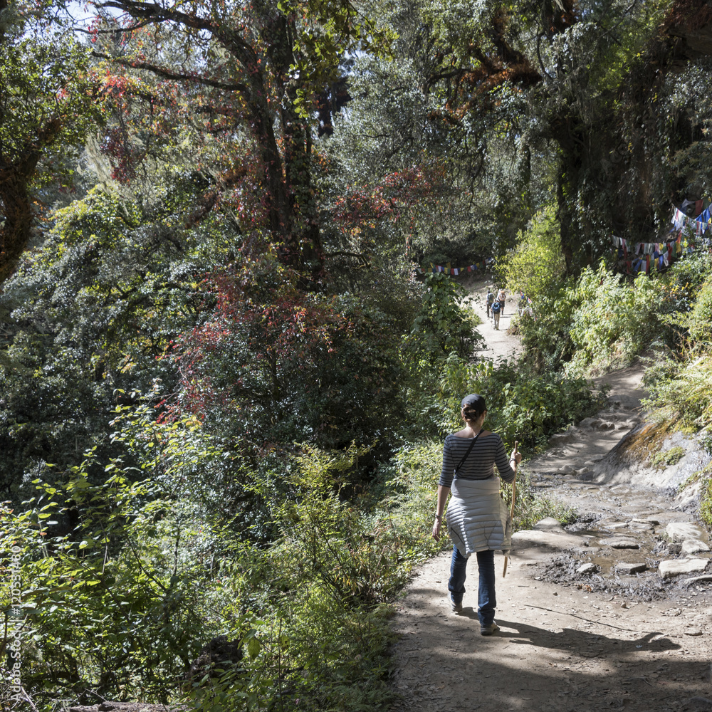 A woman walking on a hiking trail in Bhutan.