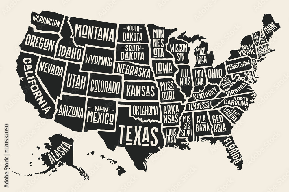 Fototapeta premium Plakatowa mapa Stanów Zjednoczonych Ameryki z nazwami stanów. Czarno-biała drukowana mapa USA na temat koszulki, plakatu lub geografii. Ręcznie rysowane czarna mapa ze stanami. Ilustracja wektorowa