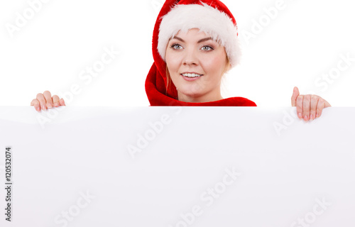 Woman with blank empty banner board. Christmas