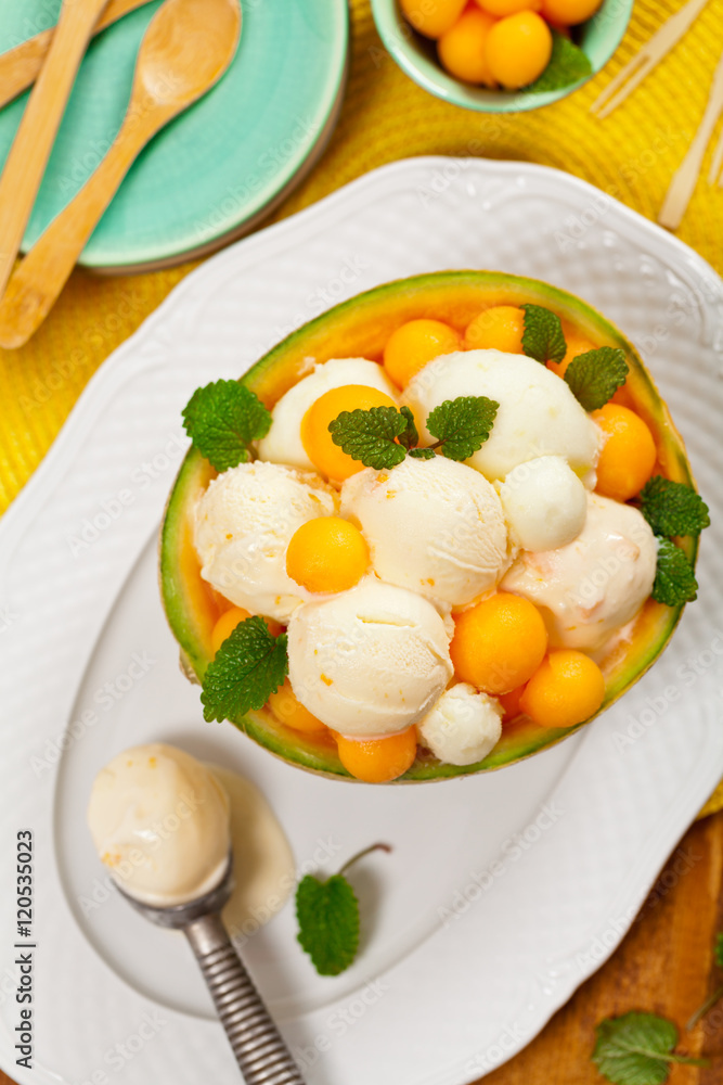Exotic Cantaloupe Melon Ice Cream. Selective focus.