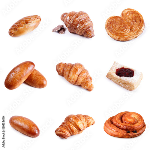 Assortment pastries and bakery isolated on white background