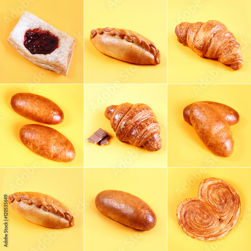 Assortment bakery and pastries set isolated on yellow background