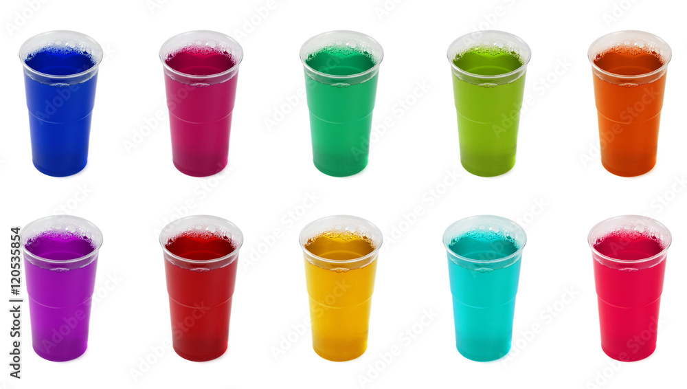 Collection of drinks in plastic cups isolated on white background Stock