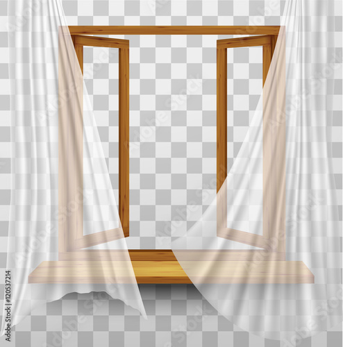 Wooden window frame with curtains on a transparent background. V