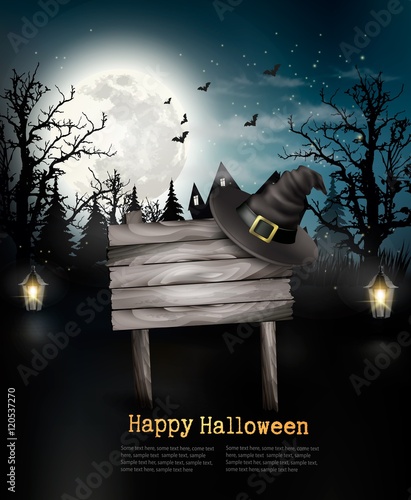 Scary Halloween background with a wooden sign. Vector.