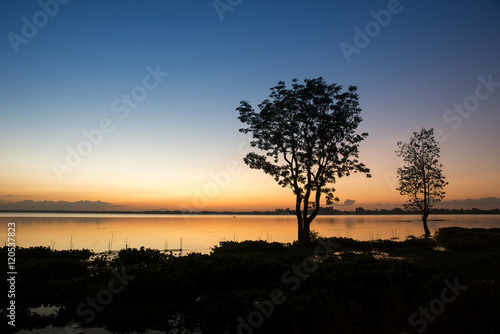 Silhouette tree in lake at Sunset,Thailand.