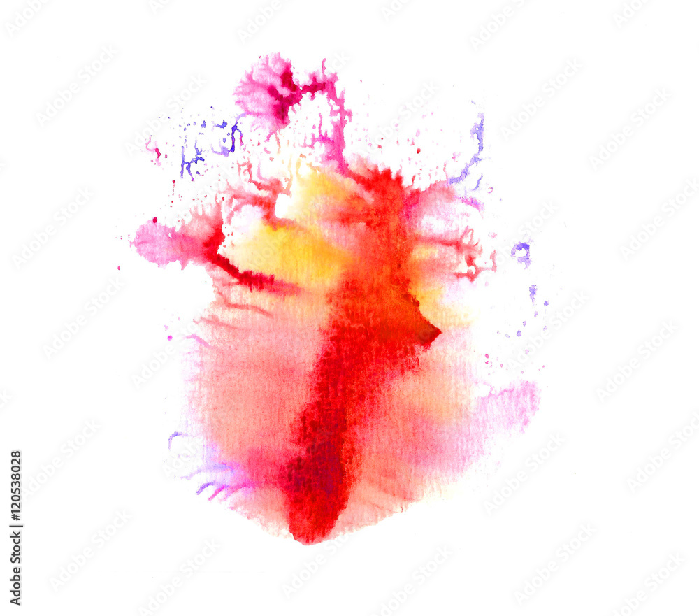 Abstract handmade magenta, red and yellow watercolor splash on white background. Colorful texture for your design.