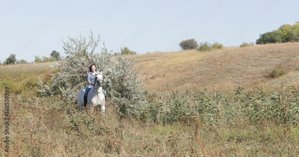 Woman ride horse field cowgirl countryside Woman ride horse field cowgirl countryside