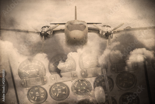 Принти на полотні 'Double exposure vintage grunge style' image of vintage aircraft and clouds