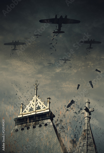 Canvas Print An illustration of World War 2 german bombers dropping their bombs over England