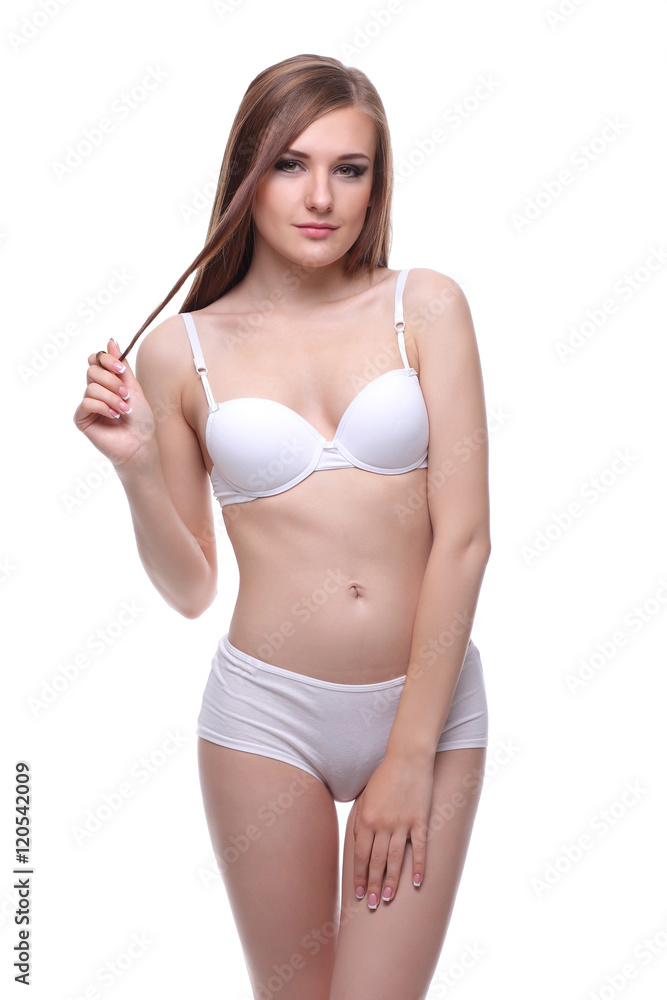 Obraz premium Sexy woman in white lingerie gorgeous figure.