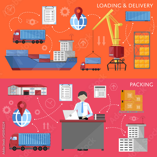Sea port design concept set with container cargo and shipment flat design vector illustration. Cargo ship. Logistics and transportation infographic elements.