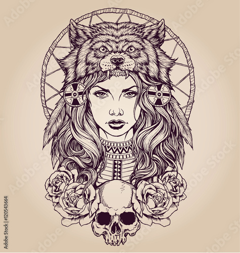 Native American girl with Wolf headdress