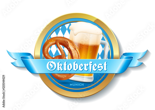 Oktoberfest Sticker mit Bier und Brezel vor einer bayrischen Flagge