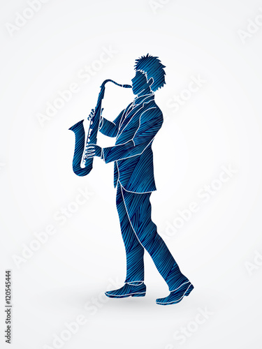 Saxophone player designed using blue grunge brush graphic vector.