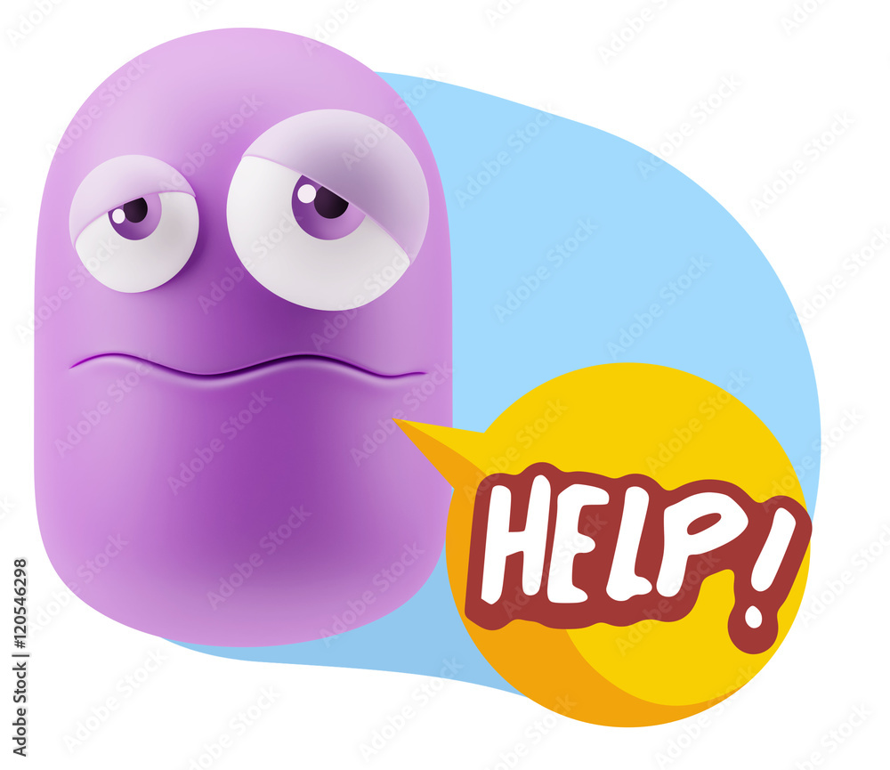 3d Rendering Sad Character Emoticon Expression saying Help! with 3d Rendering Sad Character Emoticon Expression saying Help! with