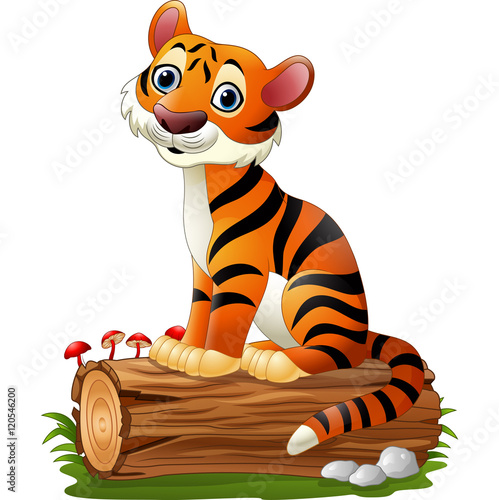 Fototapeta Naklejka Na Ścianę i Meble -  Cartoon tiger sitting on tree log