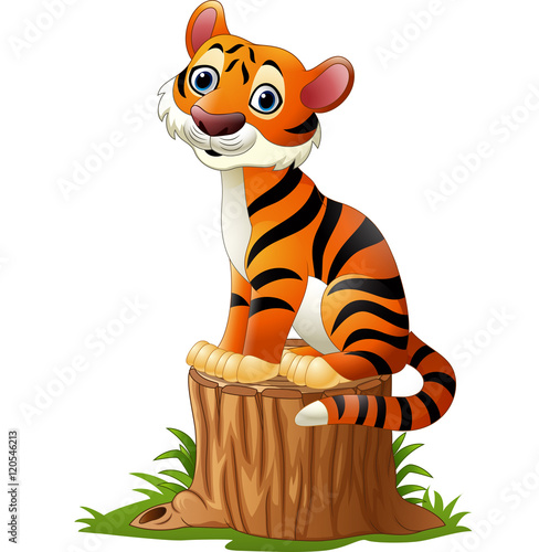 Fototapeta Naklejka Na Ścianę i Meble -  Cartoon tiger sitting on tree stump