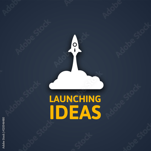 White rocket and cloud, icon in flat style isolated on dark background, vector illustration