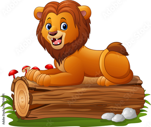 Fototapeta Naklejka Na Ścianę i Meble -  Cartoon lion sitting on a tree log